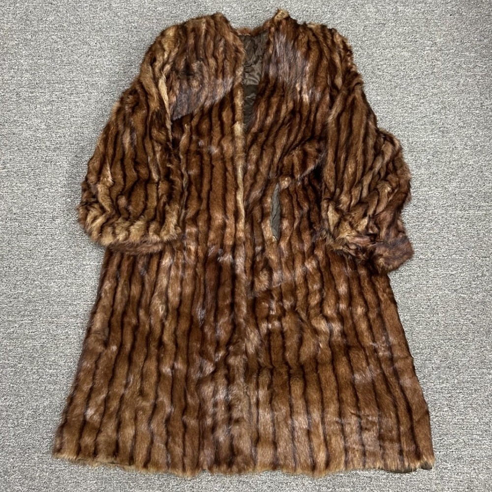 Unbranded Real Fur Coat Womens OS Brown Striped Mid Length Vintage Monogrammed